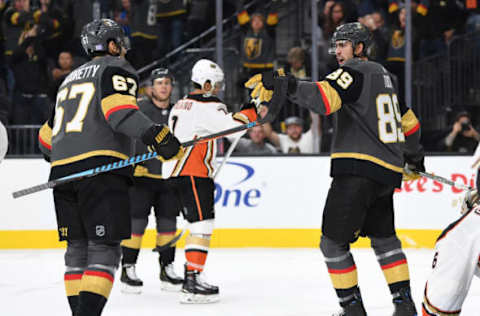 LAS VEGAS, NV – NOVEMBER 14: Alex Tuch #89 of the Vegas Golden Knights celebrates with teammates after scoring a goal during the first period against the Anaheim Ducks at T-Mobile Arena on November 14, 2018, in Las Vegas, Nevada. (Photo by Jeff Bottari/NHLI via Getty Images)