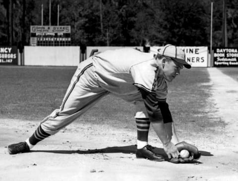 SANFORD, FL – MARCH 11: Vern Stephens #5 of the St. Louis Browns poses for an action portrait during MLB Spring Training on March 11, 1942, in Sanford, Florida. (Photo by Bruce Bennett Studios/Getty Images)