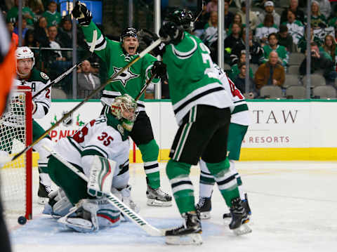 DALLAS, TX – NOVEMBER 21: Dallas Stars Left Wing Antoine Roussel (21) celebrates after Right Wing Brett Ritchie (25) scores a goal during the NHL game between the Minnesota Wild and Dallas Stars on November 21, 2016, at the American Airlines Center in Dallas, TX. Dallas defeats Minnesota 3-2 in overtime. (Photo by Andrew Dieb/Icon Sportswire via Getty Images)