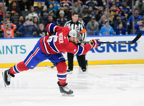 ST. LOUIS, MO. – JANUARY 24: Montreal defenseman Shea Weber (6) fires in the winning shot in the hardest shot competition during the NHL All-Stars Skills Competion, at Enterprise Center, St. Louis, Mo., on January 22, 2020. Photo by Keith Gillett/Icon Sportswire via Getty Images)