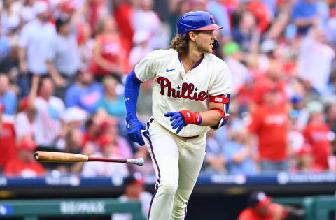 Jul 1, 2023; Philadelphia, Pennsylvania, USA; Philadelphia Phillies infielder Alec Bohm (28) drops his bat after hitting a two-run home run against the Washington Nationals in the third inning at Citizens Bank Park. Mandatory Credit: Kyle Ross-USA TODAY Sports