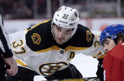 Nov 8, 2016; Montreal, Quebec, CAN; Boston Bruins forward Patrice Bergeron (37) prepares for a faceoff against Montreal Canadiens forward Phillip Danault (24) during the second period at the Bell Centre. Mandatory Credit: Eric Bolte-USA TODAY Sports