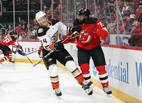 NEWARK, NEW JERSEY – DECEMBER 18: Carter Rowney #24 of the Anaheim Ducks and P.K. Subban #76 of the New Jersey Devils battle during the first period at the Prudential Center on December 18, 2019 in Newark, New Jersey. (Photo by Bruce Bennett/Getty Images)