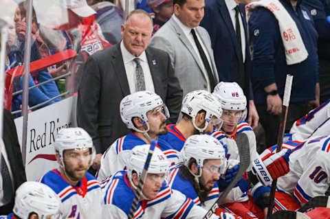 Apr 2, 2023; Washington, District of Columbia, USA; New York Rangers head coach Gerard Gallant looks down the bench during the second period against the Washington Capitals at Capital One Arena. Mandatory Credit: Tommy Gilligan-USA TODAY Sports