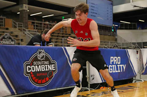 BUFFALO, NY – JUNE 1: Michal Teply performs the pro agility test during the 2019 NHL Scouting Combine on June 1, 2019 at Harborcenter in Buffalo, New York. (Photo by Bill Wippert/NHLI via Getty Images)