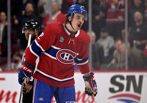 Nov 9, 2022; Montreal, Quebec, CAN; Montreal Canadiens defenseman Arber Xhekaj (72) celebrates after scoring a goal against the Vancouver Canucks during the first period at the Bell Centre. Mandatory Credit: Eric Bolte-USA TODAY Sports