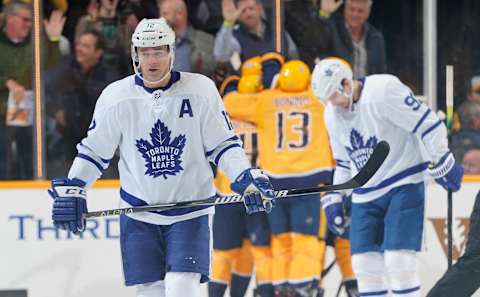 NASHVILLE, TN – MARCH 19: Patrick Marleau #12 of the Toronto Maple Leafs skates to the bench after a goal by the Nashville Predators at Bridgestone Arena on March 19, 2019 in Nashville, Tennessee. (Photo by John Russell/NHLI via Getty Images)