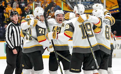 NASHVILLE, TN – NOVEMBER 27: The Vegas Golden Knights celebrate a last second regulation goal to force overtime against the Nashville Predators at Bridgestone Arena on November 27, 2019 in Nashville, Tennessee. (Photo by John Russell/NHLI via Getty Images)