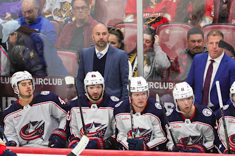 Nov 6, 2023; Sunrise, Florida, USA; Columbus Blue Jackets head coach Pascal Vincent looks on from the bench against the Florida Panthers during the third period at Amerant Bank Arena. Mandatory Credit: Sam Navarro-USA TODAY Sports