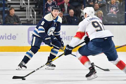 COLUMBUS, OH – NOVEMBER 15: Zach Werenski #8 of the Columbus Blue Jackets skates against the Florida Panthers on November 15, 2018 at Nationwide Arena in Columbus, Ohio. (Photo by Jamie Sabau/NHLI via Getty Images)