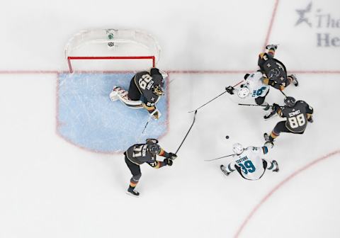 LAS VEGAS, NV – NOVEMBER 21: Vegas Golden Knights goaltender Marc-Andre Fleury (29) guards the goal during a regular season game against the San Jose Sharks Thursday, Nov. 21, 2019, at T-Mobile Arena in Las Vegas, Nevada. (Photo by: Marc Sanchez/Icon Sportswire via Getty Images)