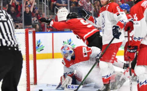 EDMONTON, AB – AUGUST 19: Joshua Roy #9 of Canada scores a goal on Pavel Cajan #1 of Czechia in the IIHF World Junior Championship on August 19, 2022 at Rogers Place in Edmonton, Alberta, Canada (Photo by Andy Devlin/ Getty Images)