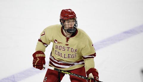 CHESTNUT HILL, MA – DECEMBER 2: Aidan Hreschuk #7 of the Boston College Eagles skates against the Providence College Friars during NCAA hockey at Kelley Rink on December 2, 2022 in Chestnut Hill, Massachusetts. The game ended in a 1-1 tie with the Friars winning in a shootout. (Photo by Richard T Gagnon/Getty Images)