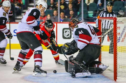 Oct 5, 2016; Calgary, Alberta, CAN; Arizona Coyotes goalie Mike Smith (41) makes a save as Calgary Flames center Linden Vey (10) tries to score during the third period during a preseason hockey game at Scotiabank Saddledome. Calgary Flames won 2-1. Mandatory Credit: Sergei Belski-USA TODAY Sports