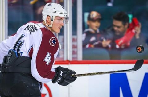 Mar 18, 2016; Calgary, Alberta, CAN; Colorado Avalanche defenseman Tyson Barrie (4) controls the puck during the warmup period against the Calgary Flames at Scotiabank Saddledome. Mandatory Credit: Sergei Belski-USA TODAY Sports