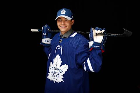 VANCOUVER, BRITISH COLUMBIA – JUNE 22: Nicholas Robertson poses after being selected 53rd overall by the Toronto Maple Leafs  . (Photo by Kevin Light/Getty Images)