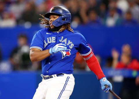 TORONTO, ON – SEPTEMBER 30: Vladimir Guerrero Jr. #27 of the Toronto Blue Jays bats against the Boston Red Sox at Rogers Centre on September 30, 2022 in Toronto, Ontario, Canada. (Photo by Vaughn Ridley/Getty Images)