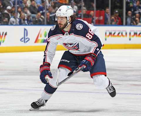 TORONTO, CANADA – APRIL 4: Kirill Marchenko #86 of the Columbus Blue Jackets skates against the Toronto Maple Leafs during an NHL game at Scotiabank Arena on April 4, 2023 in Toronto, Ontario, Canada. The Maple Leafs defeated the Blue Jackets 4-2. (Photo by Claus Andersen/Getty Images)