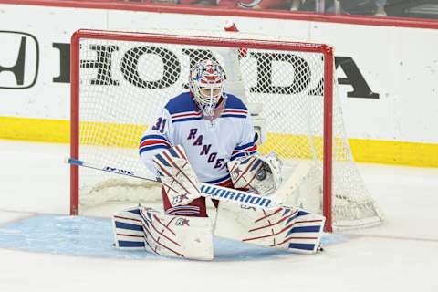 May 1, 2023; Newark, New Jersey, USA; New York Rangers goaltender Jaroslav Halak (41) makes a save against the New Jersey Devils during the third period in game seven of the first round of the 2023 Stanley Cup Playoffs at Prudential Center. Mandatory Credit: Vincent Carchietta-USA TODAY Sports