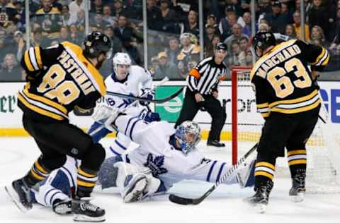 BOSTON, MA – APRIL 25: Boston Bruins right wing David Pastrnak (88) adds an insurance goal past Toronto Maple Leafs goalie Frederik Andersen (31) during Game 7 of the First Round for the 2018 Stanley Cup Playoffs between the Boston Bruins and the Toronto Maple Leafs on April 25, 2018, at TD Garden in Boston, Massachusetts. The Bruins defeated the Maple Leafs 7-4 to advance to the next round. (Photo by Fred Kfoury III/Icon Sportswire via Getty Images)