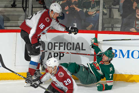 ST. PAUL, MN – MARCH 13: Nikita Zadorov #16 of the Colorado Avalanche checks Matt Cullen #7 of the Minnesota Wild during the game at the Xcel Energy Center on March 13, 2018 in St. Paul, Minnesota. (Photo by Bruce Kluckhohn/NHLI via Getty Images)