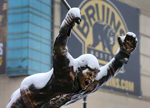 BOSTON – FEBRUARY 11: The statue of Bruins Bobby Orr outside TD Garden is covered in snow after the overnight snowstorm, Feb. 11, 2017. The statue depicts Orr’s 1970 Stanley Cup winning overtime goal. (Photo by John Tlumacki/The Boston Globe via Getty Images)