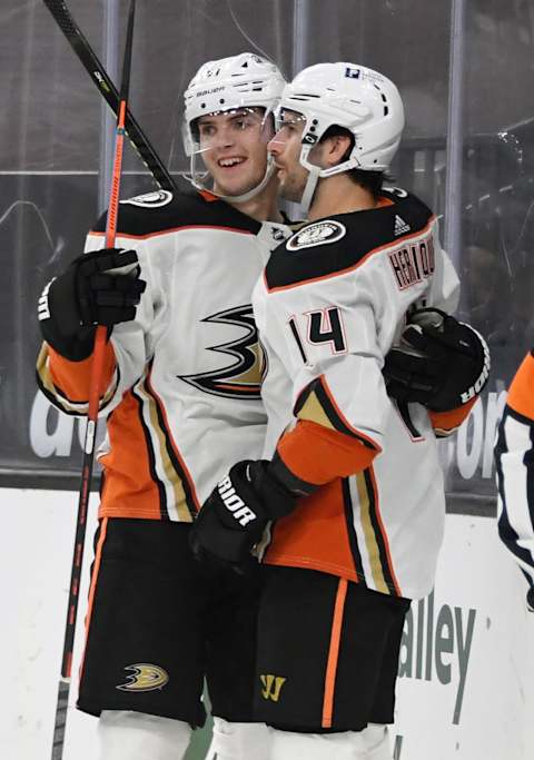 Troy Terry #61 and Adam Henrique #14 of the Anaheim Ducks (Photo by Ethan Miller/Getty Images)