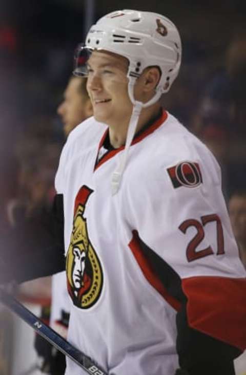 Mar 30, 2016; Winnipeg, Manitoba, CAN; Ottawa Senators right wing Curtis Lazar (27) prior to the game against the Winnipeg Jets at MTS Centre. Mandatory Credit: Bruce Fedyck-USA TODAY Sports