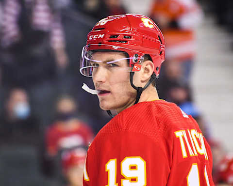 Matthew Tkachuk #19 of the Calgary Flames. (Photo by Derek Leung/Getty Images)