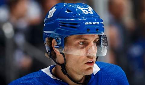 TORONTO, ON – OCTOBER 29: Tyler Ennis #63 of the Toronto Maple Leafs looks on against the Calgary Flames during the second period at the Scotiabank Arena on October 29, 2018 in Toronto, Ontario, Canada. (Photo by Mark Blinch/NHLI via Getty Images)