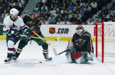 Minnesota Wild, Manny Fernadez #35 and Filip Kuba #17, Vancouver Canucks, #44 Todd Bertuzzi (Photo by Jeff Vinnick/Getty Images/NHLI)