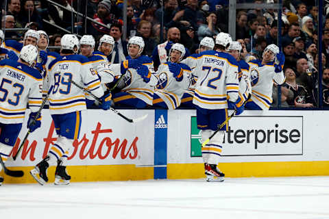 COLUMBUS, OH – DECEMBER 07: Tage Thompson #72 of the Buffalo Sabres is congratulated by his teammates after scoring a goal during the game against the Columbus Blue Jackets at Nationwide Arena on December 7, 2022 in Columbus, Ohio. (Photo by Kirk Irwin/Getty Images)