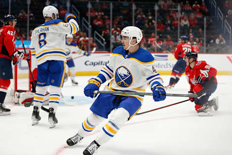 Sep 25, 2022; Washington, District of Columbia, USA; Buffalo Sabres center Tyson Kozak (48) scores a goal against the Washington Capitals during the second period at Capital One Arena. Mandatory Credit: Amber Searls-USA TODAY Sports