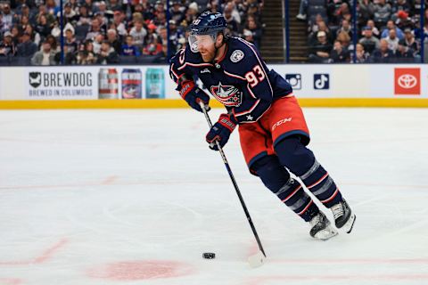 Oct 14, 2022; Columbus, Ohio, USA; Columbus Blue Jackets right wing Jakub Voracek (93) skates with the puck against the Tampa Bay Lightning in the third period at Nationwide Arena. Mandatory Credit: Aaron Doster-USA TODAY Sports