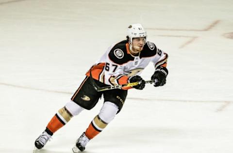 SAN JOSE, CA – APRIL 16: Anaheim Ducks center Rickard Rakell (67) moving back up the ice during the Stanley Cup Playoff game between the Anaheim Ducks versus the San Jose Sharks on Monday, April 16, 2018, at the SAP Center in San Jose, CA (Photo by Douglas Stringer/Icon Sportswire via Getty Images)