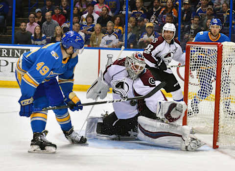 ST. LOUIS, MO. – APRIL 09: Colorado Avalanche goalie Calvin Pickard (31) blocks a shot by St. Louis Blues center Ivan Barbashev (49) during an NHL game between the Colorado Avalanche and the St. Louis Blues on April 09, 2017, at the Scottrade Center in St. Louis, MO. The Blues won, 3-2. (Photo by Keith Gillett/Icon Sportswire via Getty Images)