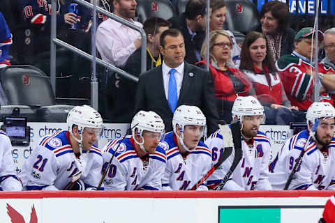 NEWARK, NJ – MARCH 21: New York Rangers head coach Alain Vigneault during the first period of the National Hockey League game between the New Jersey Devils and the New York Rangers on March 21, 2017, at the Prudential Center in Newark, NJ. (Photo by Rich Graessle/Icon Sportswire via Getty Images)