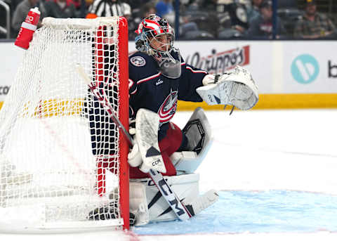 COLUMBUS, OHIO – OCTOBER 02: Jet Greaves #73 of the Columbus Blue Jackets tends net during the third period against the St. Louis Blues at Nationwide Arena on October 02, 2023 in Columbus, Ohio. (Photo by Jason Mowry/Getty Images)