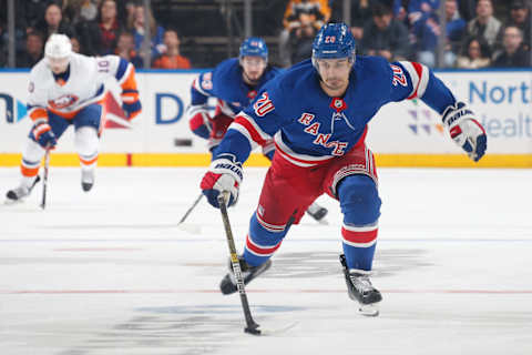 NEW YORK, NY – JANUARY 13: Chris Kreider #20 of the New York Rangers skates with the puck against the New York Islanders at Madison Square Garden on January 13, 2020 in New York City. (Photo by Jared Silber/NHLI via Getty Images)