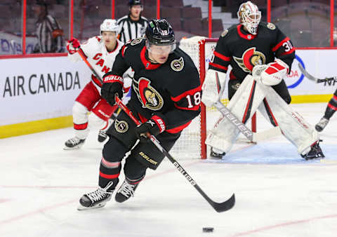 Tim Stützle #18 of the Ottawa Senators (Photo by Chris Tanouye/Getty Images)