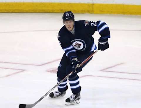 Nov 8, 2016; Winnipeg, Manitoba, CAN; Winnipeg Jets right wing Patrik Laine (29) during the second period against the Dallas Stars at MTS Centre. Mandatory Credit: Bruce Fedyck-USA TODAY Sports