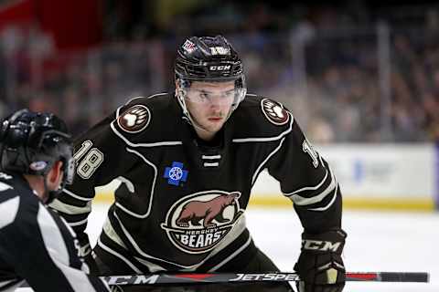 CLEVELAND, OH – MARCH 24: Hershey Bears center Garrett Pilon (18) prepares to take a faceoff during the first period of the American Hockey League game between the Hershey Bears and Cleveland Monsters on March 24, 2019, at Quicken Loans Arena in Cleveland, OH. (Photo by Frank Jansky/Icon Sportswire via Getty Images)