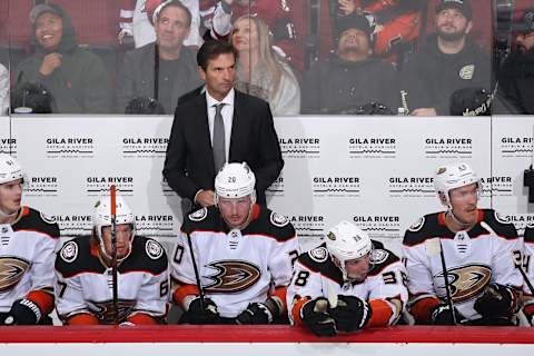 GLENDALE, ARIZONA – NOVEMBER 27: Head coach Dallas Eakins of the Anaheim Ducks watches from the bench during the second period of the NHL game against the Arizona Coyotes at Gila River Arena on November 27, 2019, in Glendale, Arizona. (Photo by Christian Petersen/Getty Images)