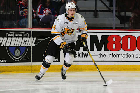 WINDSOR, ONTARIO – FEBRUARY 18: Forward Jacob Perreault #44 of the Sarnia Sting skates prior to a game against the Windsor Spitfires at the WFCU Centre on February 18, 2020, in Windsor, Ontario, Canada. (Photo by Dennis Pajot/Getty Images)