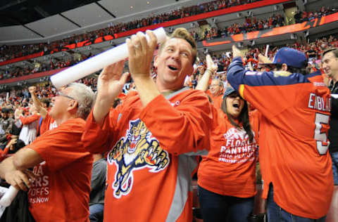 Apr 14, 2016; Sunrise, FL, USA; Florida Panther fans cheer their team’s first period goal in game one of the first round of the 2016 Stanley Cup Playoffs at BB&T Center. Mandatory Credit: Robert Duyos-USA TODAY Sports