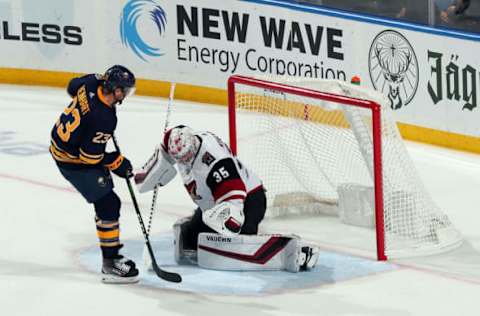 BUFFALO, NY – OCTOBER 28: Darcy Kuemper #35 of the Arizona Coyotes stops Sam Reinhart #23 of the Buffalo Sabres in the shootout during an NHL game on October 28, 2019 at KeyBank Center in Buffalo, New York. Arizona won, 3-2. (Photo by Bill Wippert/NHLI via Getty Images)