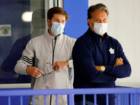 Jul 13, 2020; Toronto, Ontario, Canada; Toronto Maple Leafs general manager Kyle Dubas (left) and president Brendan Shanahan (right) during a NHL workout at the Ford Performance Centre. Mandatory Credit: John E. Sokolowski-USA TODAY Sports