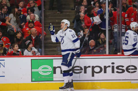 Jan 24, 2017; Chicago, IL, USA; Tampa Bay Lightning center Brian Boyle (11) celebrates scoring a goal during the first period against the Chicago Blackhawks at the United Center. Mandatory Credit: Dennis Wierzbicki-USA TODAY Sports