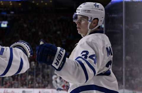 Oct 6, 2016; Montreal, Quebec, CAN; Toronto Maple Leafs forward Auston Matthews (34) reacts aftyer scoring agoal against the Montreal Canadiens during the first period of a preseason hockey game at the Bell Centre. Mandatory Credit: Eric Bolte-USA TODAY Sports