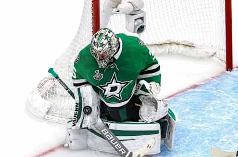 EDMONTON, ALBERTA – SEPTEMBER 28: Anton Khudobin #35 of the Dallas Stars makes the save against the Tampa Bay Lightning during the first period in Game Six of the 2020 NHL Stanley Cup Final at Rogers Place on September 28, 2020 in Edmonton, Alberta, Canada. (Photo by Bruce Bennett/Getty Images)